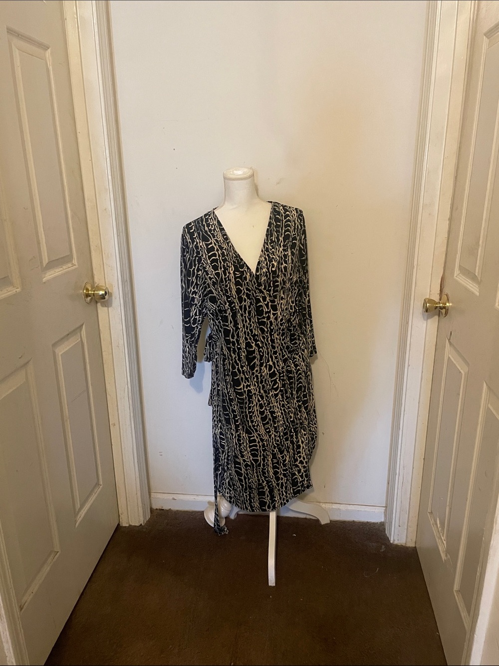 Soho Apparel Black and White Patterned Midi Wrap Dress